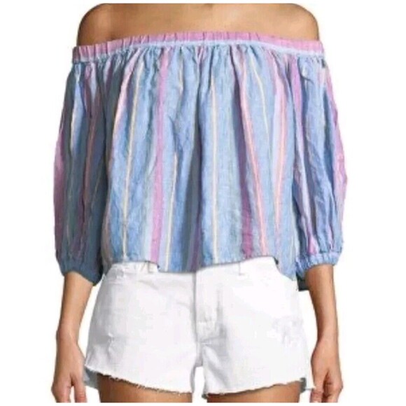 Frame Sz S Striped Linen Top Off The Shoulder Peasant Farmcore Boho Oversized - Picture 1 of 12